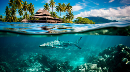 Fototapeta na wymiar Encounters in Paradise: Diving into Bora Bora's Turquoise Waters with Sharks.