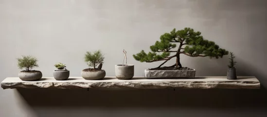 Fotobehang A row of young pine bonsai trees is creatively displayed on a wooden shelf, contrasting beautifully with the cement material in the background. © AkuAku