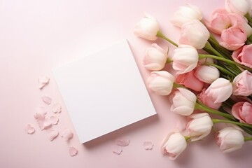 Fototapeta na wymiar Elegant pink and white tulips arranged next to a blank white greeting card on a soft pink background, perfect for messages of love and springtime wishes. Pink and White Tulips with Blank Greeting Card