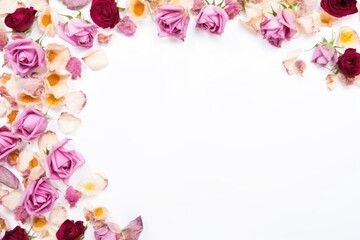 A creative frame composed of dried rose flowers and petals on a pure white background, invoking a sense of vintage romance and timeless beauty. Dried Rose Flower Frame on White Background