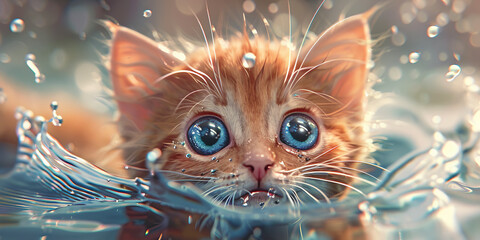 kitten is swimming in water with blue eyes, generative AI - obrazy, fototapety, plakaty