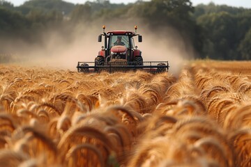 A tractor is seen through a warm haze, spraying crops amidst the vast wheat field under a clear sky