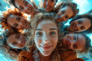 Obraz premium A cheerful group of friends taking a selfie on a sunny day conveys a sense of happiness and togetherness, suitable for celebrations related to friendship and joy.
