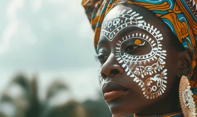 Foto op Plexiglas African Woman Adorned with Traditional Tribal Face Paint © Marianne