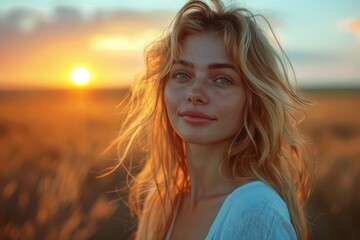 Beautiful young woman in a field at sunset, conveying serenity and connection with nature