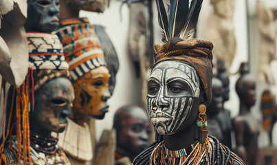 Intricate African Tribal Masks and Statues at Cultural Heritage Exhibition - obrazy, fototapety, plakaty