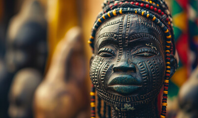 Fototapeta na wymiar Detailed African Carved Wooden Statue with Traditional Beadwork
