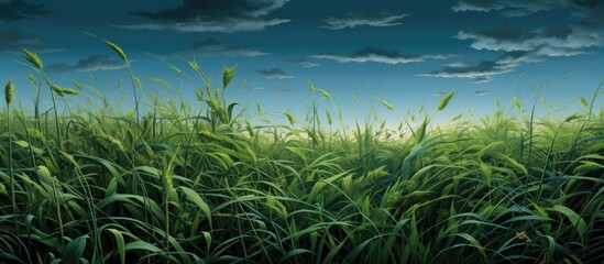A painting depicting a vast field of lush green grass stretching towards the horizon under a clear blue sky. The grass sways gently in the wind, creating a sense of movement and life in the tranquil