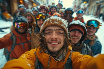 A joyful group in winter gear takes a selfie on a snowy day, perfect for conveying the spirit of Christmas or a ski vacation. - obrazy, fototapety, plakaty