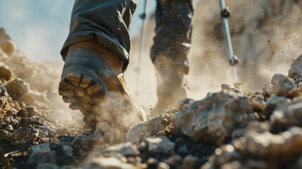 A pair of hiking boots trudge up a rugged rocky slope leaving behind a trail of dust as the hiker pushes through the challenging terrain with determination and perseverance.