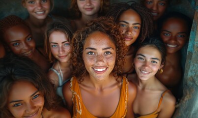 Obraz premium A warm, vibrant image featuring a diverse group of smiling women, likely usable for themes like International Women's Day or cultural celebrations.