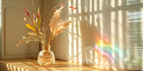 flowers in vase with sunlight from window and rainbow flare