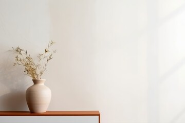 A simple clay vase with dry plants on a modern console against a white wall in a minimalist living room. Minimalist Vase in Contemporary Living Room