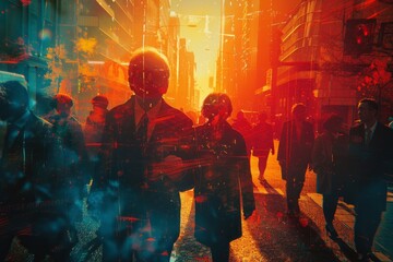 A bustling city street in golden hour light with a double exposure effect creating a surreal and cinematic atmosphere, possibly for modern art or urban lifestyle themes. - obrazy, fototapety, plakaty