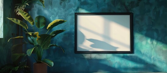 A blank picture frame is seen hanging on a white wall next to a small potted plant. The frame is waiting to be filled with a photo or artwork while the green plant adds a touch of nature to the space.