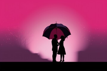 A couple's silhouette stands beneath an umbrella, backdropped by a vivid pink gradient sky, hinting at a romantic dusk. Silhouette of a Couple Sharing an Umbrella Against Pink Backdrop