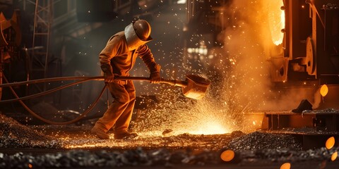 a worker is at work pouring very hot molten metal - obrazy, fototapety, plakaty