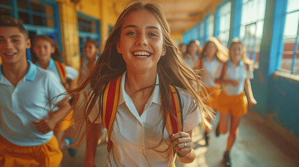 Group of happy schoolchildren in uniform run together in school corridor, giggling