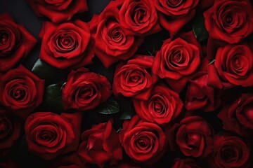 A rich array of red roses in full bloom against a dark backdrop, creating a luxurious and romantic feel. Vibrant Red Roses on Dark Background