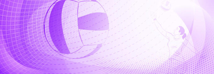 Volleyball themed background in purple tones with abstract meshes, curves and dotted lines, with a female volleyball player hitting the ball