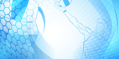 Volleyball themed background in blue tones with abstract meshes, curves and dotted lines, with a male volleyball player hitting the ball
