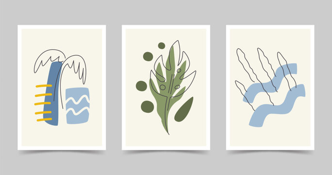 Summer vintage posters set. Organic print concepts with wavy shapes and line art plants. Irregular designs wall art collection. Cute retro nature concepts. Abstract hand drawn flat vector illustration