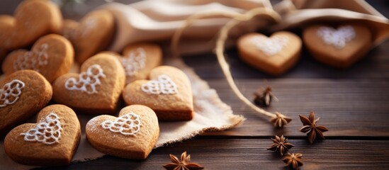 A collection of heart-shaped cookies arranged neatly on a wooden table, showcasing a variety of flavors and decorations. The cookies are inviting and perfect for a special occasion or as a sweet treat