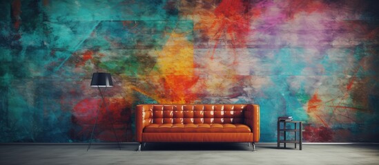 A couch sits in front of a vibrant and colorful grunge wall, creating a striking contrast in the room. The vivid hues of the wall add energy and personality to the space.