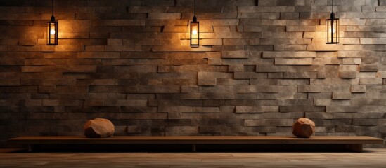 A stone wall adorned with three modern lights, creating a contemporary and decorative background for a home, office, or hotel. The lights illuminate the room, casting a warm glow on the wooden floor. - obrazy, fototapety, plakaty