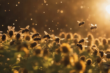 Bee Swarm Buzzing Over Flowers, created with Generative AI technology