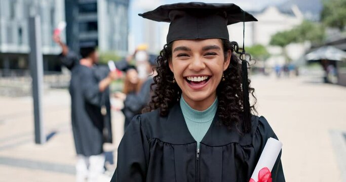 Face, education and graduation with student woman outdoor on campus of college of university. Portrait, certificate and success with happy young person laughing in celebration at school ceremony