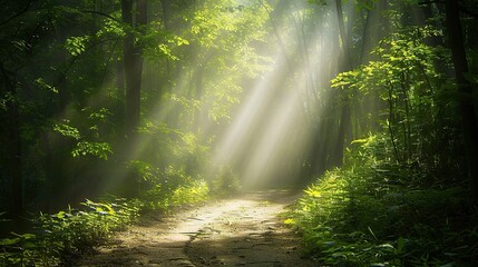 Forest scene with sunlight rays, path of faith and tranquility