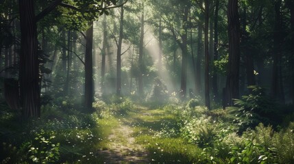 A lone traveler navigates way through a dense forest following a winding trail that leads deeper into the unknown. Sunlight filters through the trees casting dappled - obrazy, fototapety, plakaty