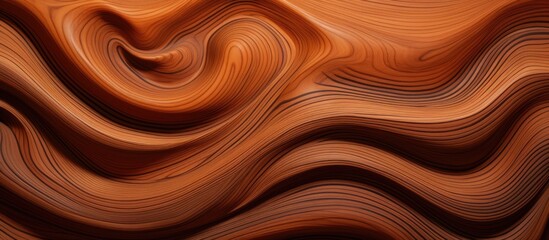 A detailed view of a wooden surface featuring intricate wavy lines and patterns. The natural brown...