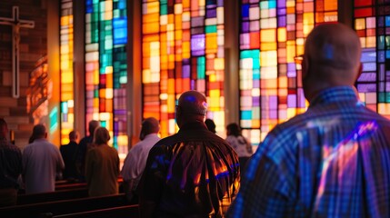Pastor and Congregation in Prayer, Colorful Church Ambiance