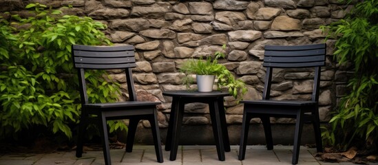 Two black chairs made of wood are positioned side by side against an outdoor wall. The chairs appear sturdy and simple in design, ready for use.