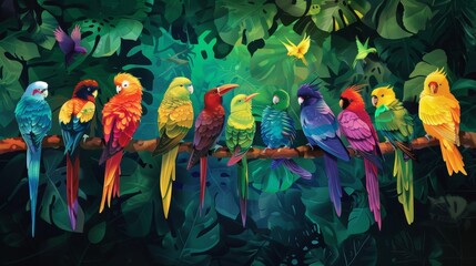 A group of vibrant birds perched on a branch feathers displaying a rainbow of colors against the deep verdant backdrop of the jungle. The sense of energy and diversity