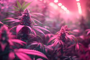 Cannabis plant close up of Marijuana Leaf under neon light - obrazy, fototapety, plakaty