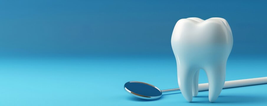 A large 3D rendered tooth and dental mirror isolated against a vibrant blue background, symbolizing dental care and health.