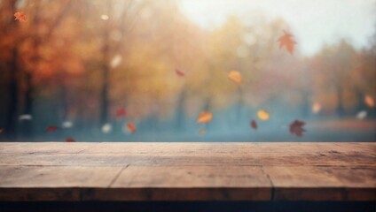 Empty blank wooden table fall background with autumn trees orange yellow color leaves backdrop forest or park nature scene abstract blurred bokeh tabletop for product display desk mockup. - obrazy, fototapety, plakaty