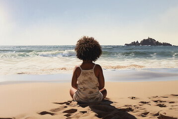 Fototapeta na wymiar Young African-American female child with short curly black hair sitting on a sandy beach looking out into the ocean with her back to the camera while wearing a neutral colored tank top and shorts.