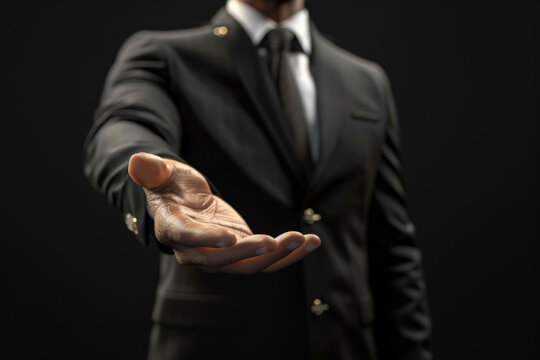 3D Businessman holding hand out in presentation against black background 