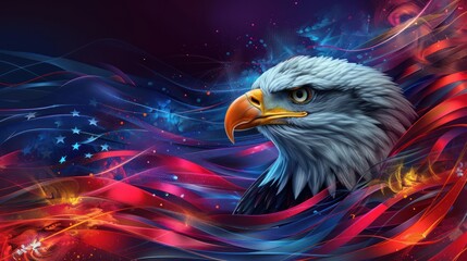 Wavy American flag with an eagle symbolizing strength and freedom . 4th of July Memorial or Independence day background