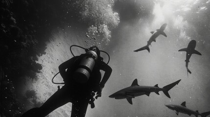 As the intrepid divers descend deeper and deeper into the abyss a deafening silence surrounds them. Sharks circle in the murky depths their powerful forms gliding with ease - obrazy, fototapety, plakaty
