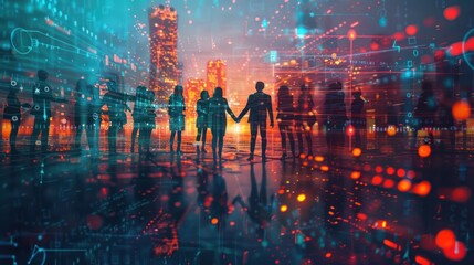 Mixed media of group of people shaking hands and digital technology concept. Business technology. System engineering. Wide angle visual for banners or advertisements.