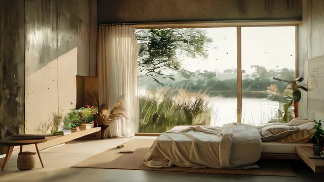 Luxury bedroom with a large window overlooking the lake.