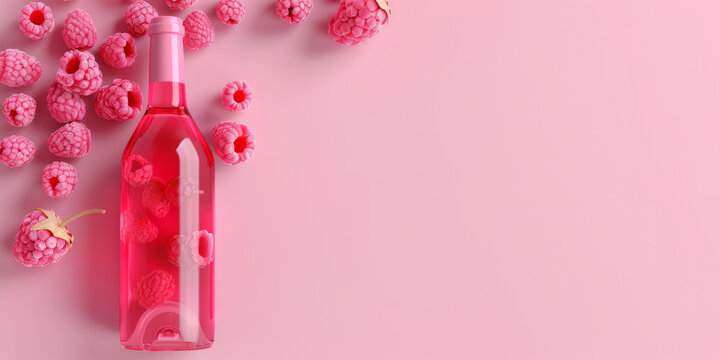 a bottle of raspberry wine with raspberries on the pink background, generative AI