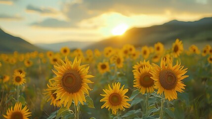 Beautiful field of blooming sunflowers against sunset golden light and blurry mountains landscape background