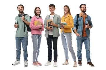 Fototapeta premium Group of happy students with books on white background