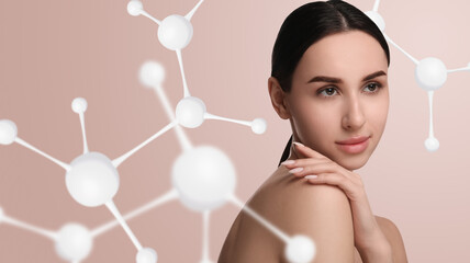 Beautiful woman with perfect healthy skin and molecular model on dusty pink background, banner...